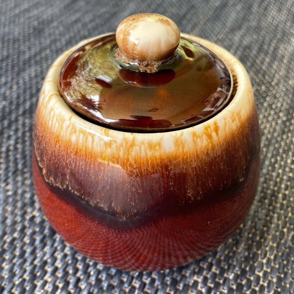 McCoy Mount Clemons Sugar Bowl with Lid - Brown Drip Glaze 1967 Vintage